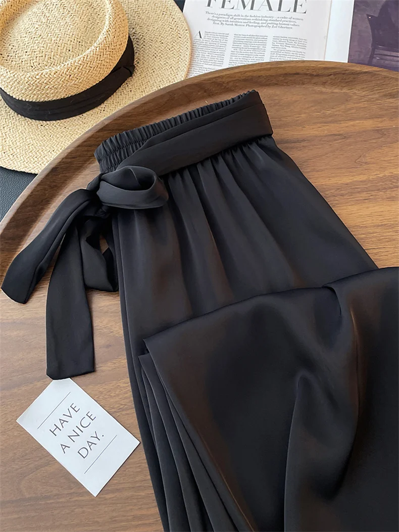 High Waist Ice Silk Acetate Wide Leg Pants for Women Summer Loose Silk Satin Long Maxi Trousers Spring Lace Up Plus Size Pants