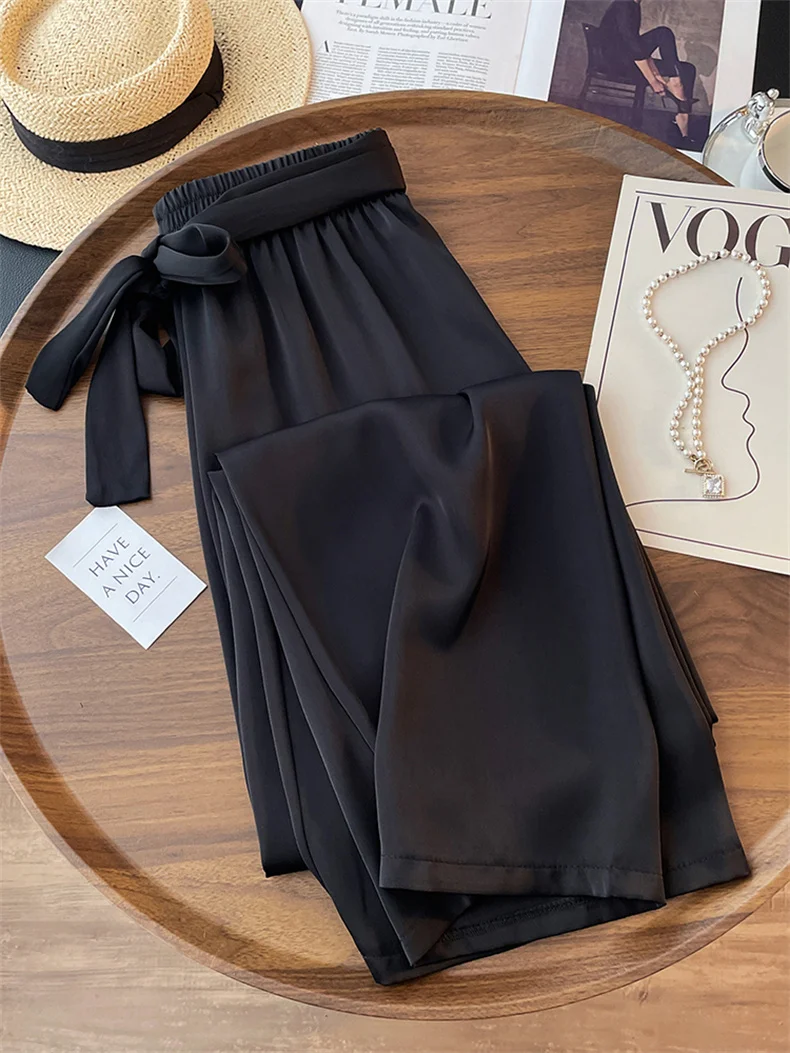 High Waist Ice Silk Acetate Wide Leg Pants for Women Summer Loose Silk Satin Long Maxi Trousers Spring Lace Up Plus Size Pants