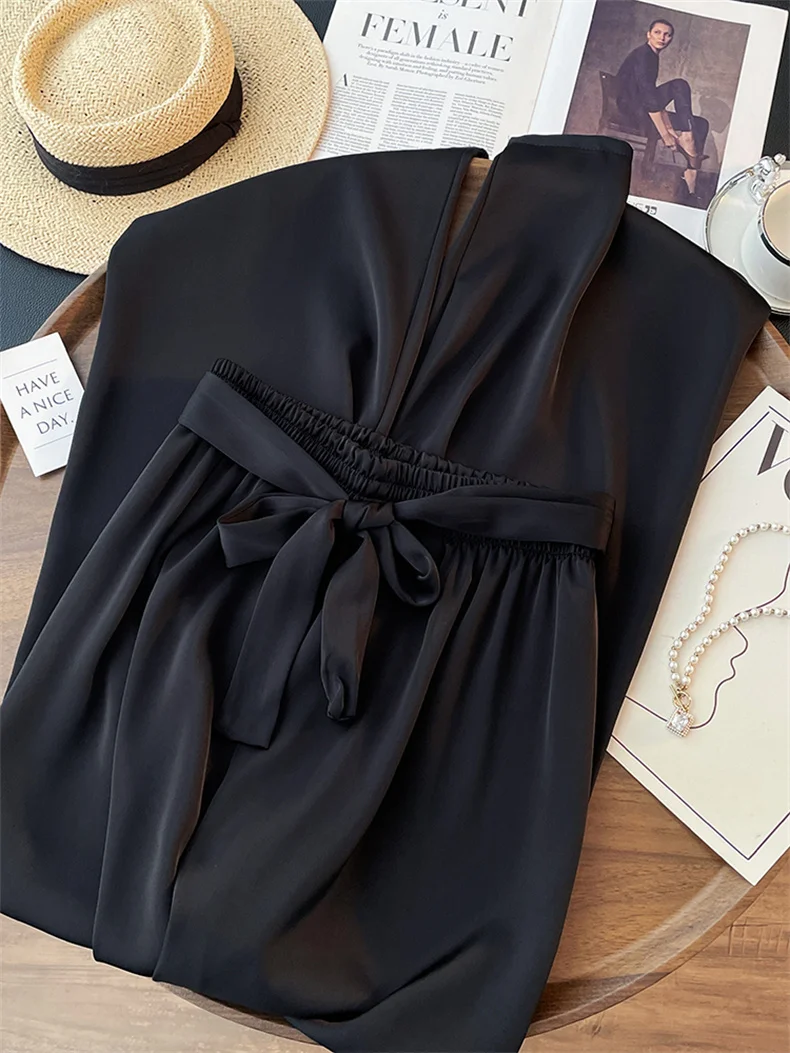 High Waist Ice Silk Acetate Wide Leg Pants for Women Summer Loose Silk Satin Long Maxi Trousers Spring Lace Up Plus Size Pants