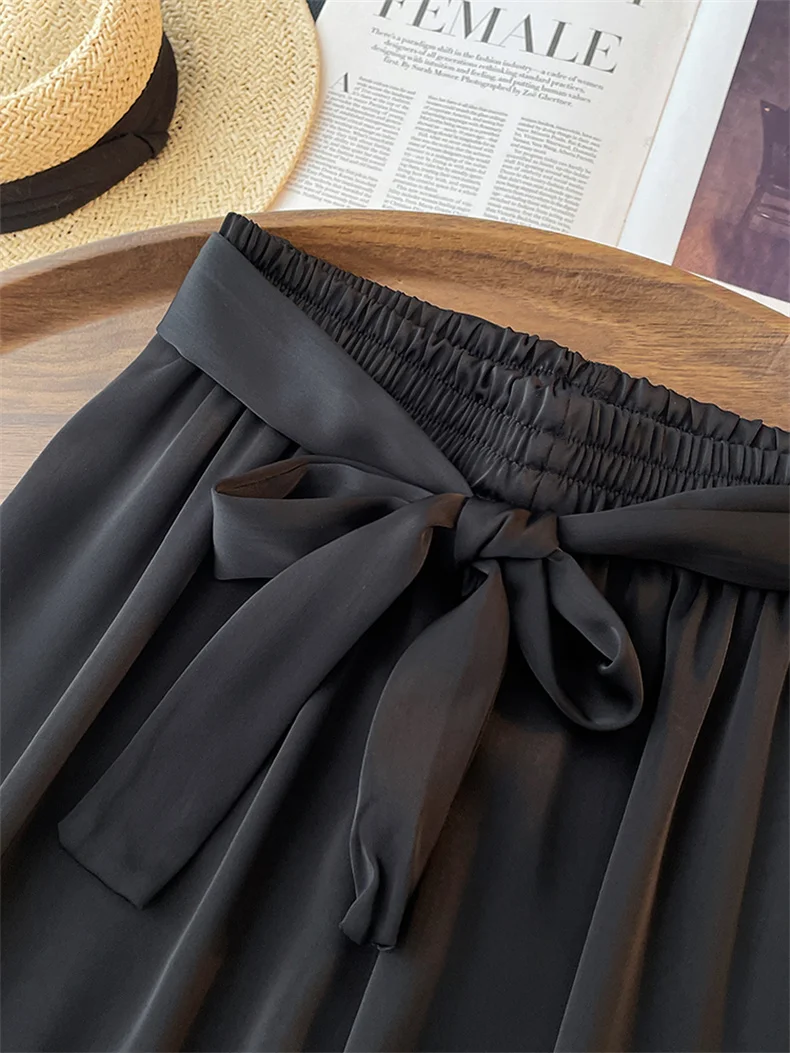 High Waist Ice Silk Acetate Wide Leg Pants for Women Summer Loose Silk Satin Long Maxi Trousers Spring Lace Up Plus Size Pants