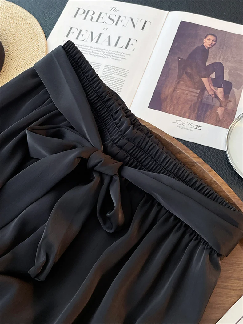 High Waist Ice Silk Acetate Wide Leg Pants for Women Summer Loose Silk Satin Long Maxi Trousers Spring Lace Up Plus Size Pants