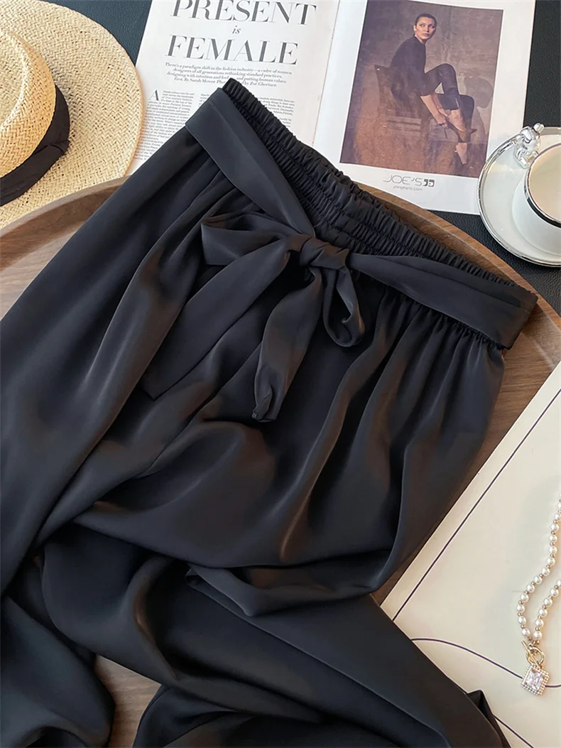 High Waist Ice Silk Acetate Wide Leg Pants for Women Summer Loose Silk Satin Long Maxi Trousers Spring Lace Up Plus Size Pants