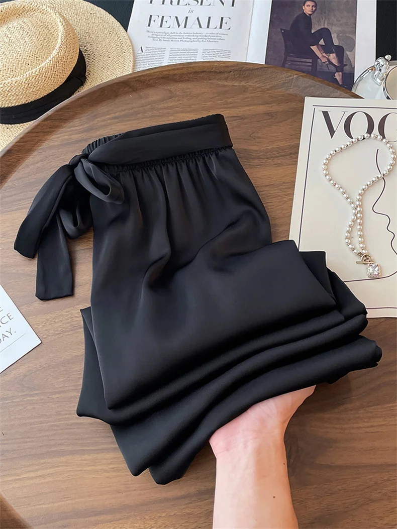 High Waist Ice Silk Acetate Wide Leg Pants for Women Summer Loose Silk Satin Long Maxi Trousers Spring Lace Up Plus Size Pants