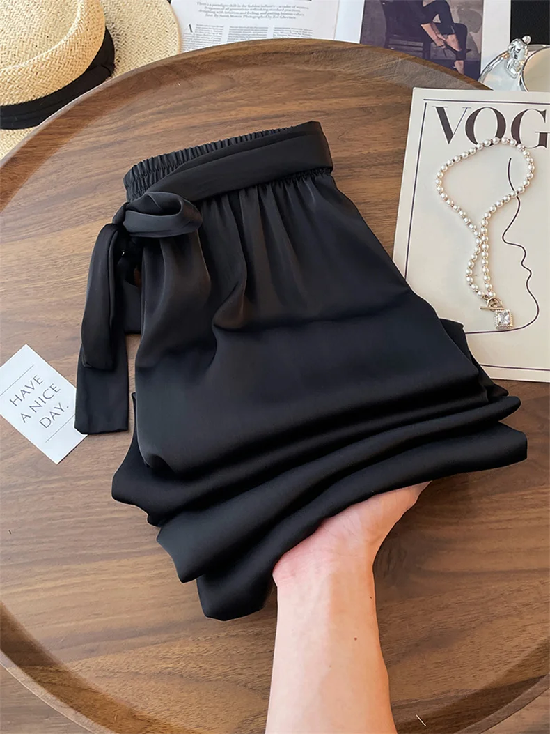 High Waist Ice Silk Acetate Wide Leg Pants for Women Summer Loose Silk Satin Long Maxi Trousers Spring Lace Up Plus Size Pants