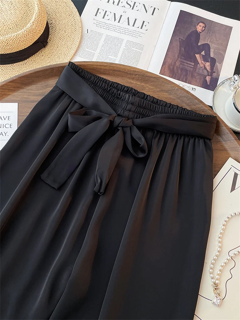 High Waist Ice Silk Acetate Wide Leg Pants for Women Summer Loose Silk Satin Long Maxi Trousers Spring Lace Up Plus Size Pants