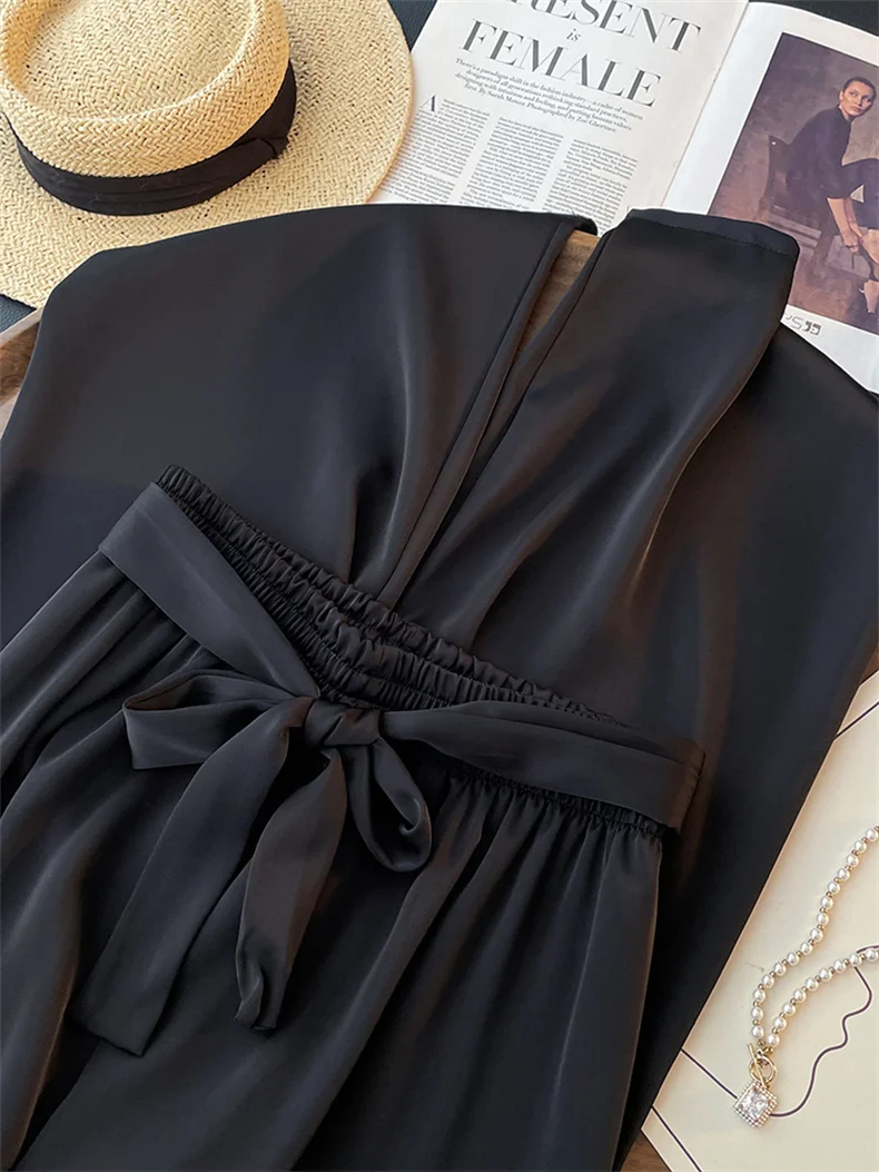 High Waist Ice Silk Acetate Wide Leg Pants for Women Summer Loose Silk Satin Long Maxi Trousers Spring Lace Up Plus Size Pants