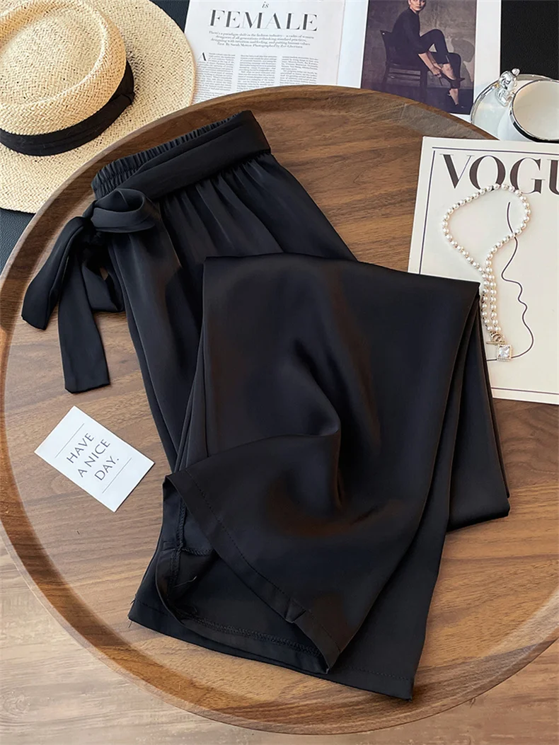 High Waist Ice Silk Acetate Wide Leg Pants for Women Summer Loose Silk Satin Long Maxi Trousers Spring Lace Up Plus Size Pants