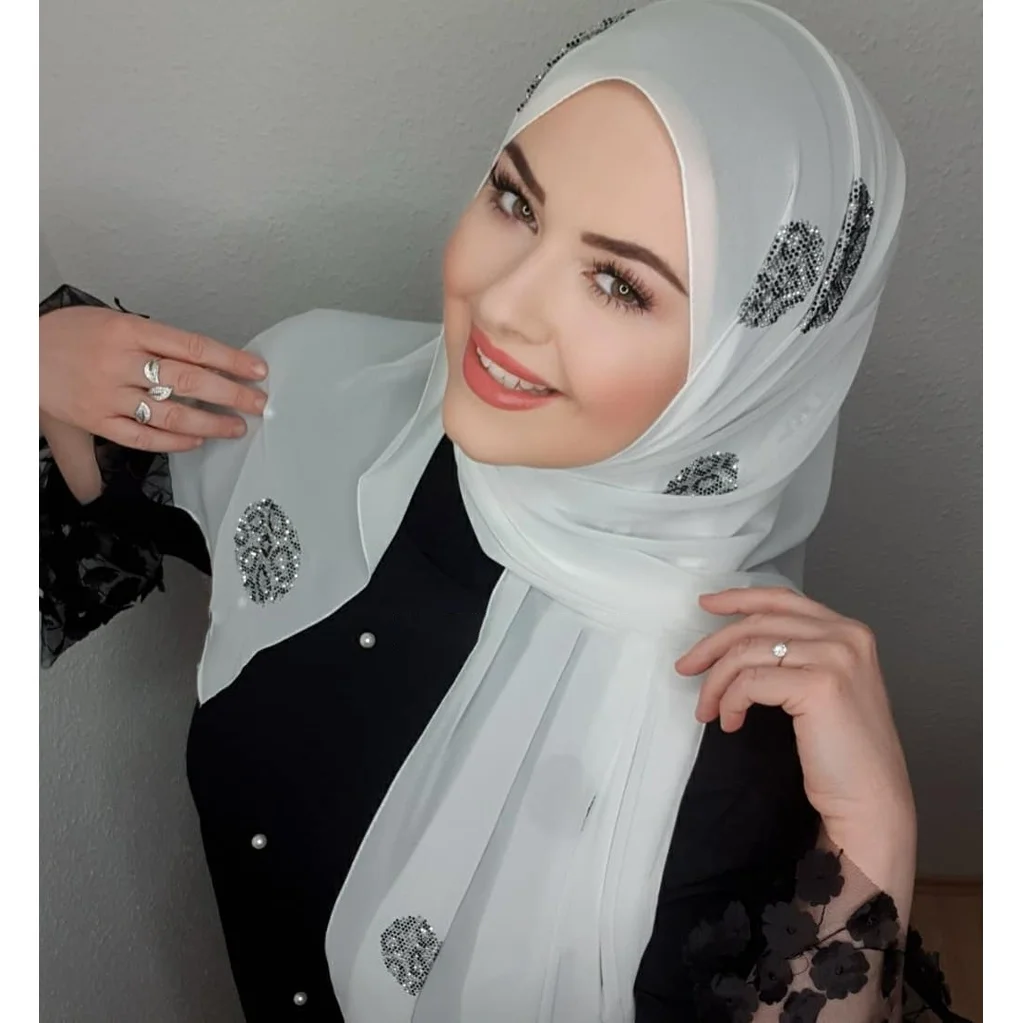 Muslim Instant Turban Rhinestone White Chiffon Hijab Abaya Hijabs For Woman Abayas Jersey Glitter Head Scarf Dress Women Turbans