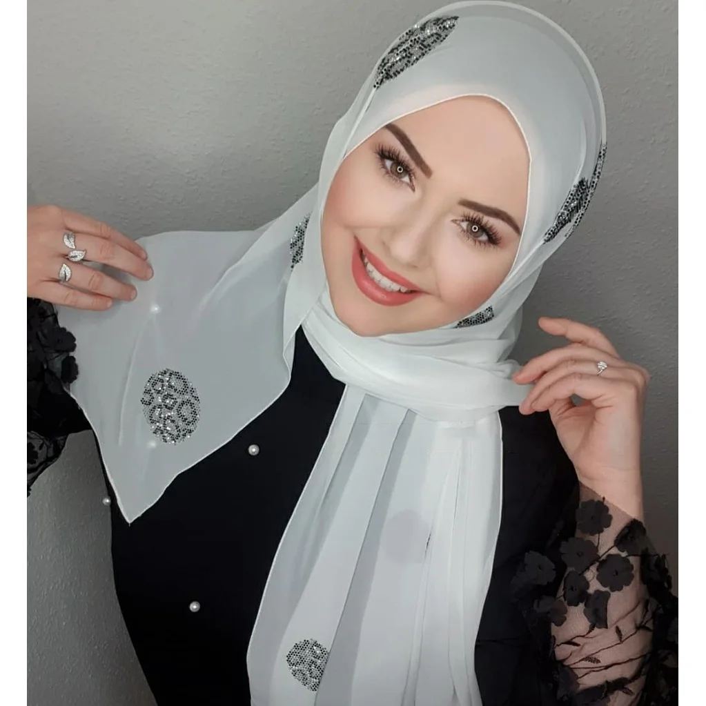 Muslim Instant Turban Rhinestone White Chiffon Hijab Abaya Hijabs For Woman Abayas Jersey Glitter Head Scarf Dress Women Turbans