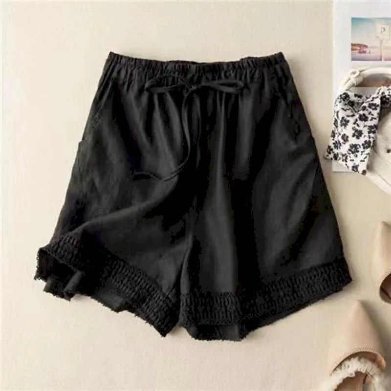 Cotton Linen Shorts Women Hollow Out Crochet Vintage Elastic Waist Wide Leg Pants Harajuku Casual Loose Shorts Women Clothing