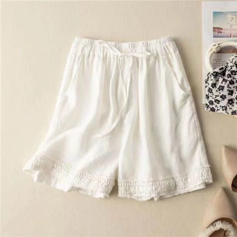 Cotton Linen Shorts Women Hollow Out Crochet Vintage Elastic Waist Wide Leg Pants Harajuku Casual Loose Shorts Women Clothing