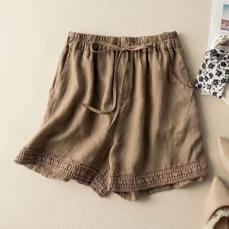 Cotton Linen Shorts Women Hollow Out Crochet Vintage Elastic Waist Wide Leg Pants Harajuku Casual Loose Shorts Women Clothing