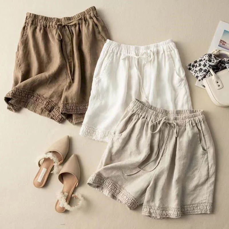 Cotton Linen Shorts Women Hollow Out Crochet Vintage Elastic Waist Wide Leg Pants Harajuku Casual Loose Shorts Women Clothing