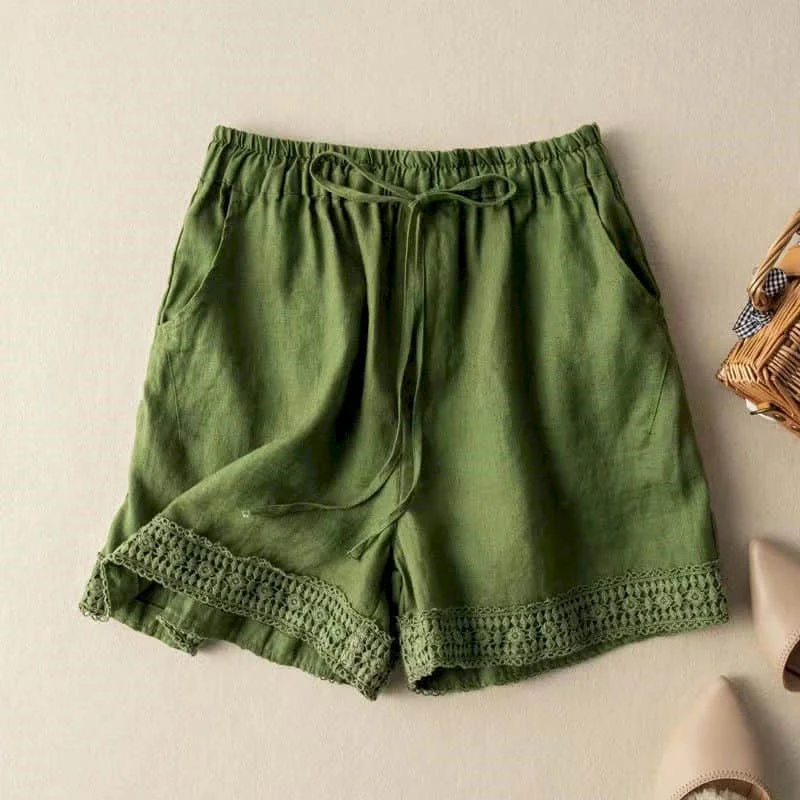 Cotton Linen Shorts Women Hollow Out Crochet Vintage Elastic Waist Wide Leg Pants Harajuku Casual Loose Shorts Women Clothing