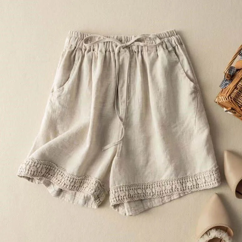 Cotton Linen Shorts Women Hollow Out Crochet Vintage Elastic Waist Wide Leg Pants Harajuku Casual Loose Shorts Women Clothing