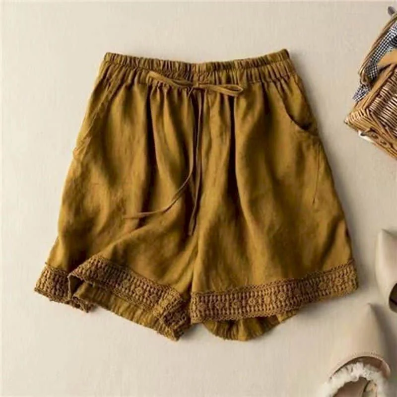 Cotton Linen Shorts Women Hollow Out Crochet Vintage Elastic Waist Wide Leg Pants Harajuku Casual Loose Shorts Women Clothing
