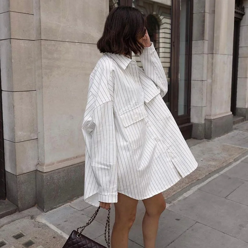 Mueyaruho 2023 Autumn Winter Women Oversized Striped Long Shirt Fashion White Long Sleeve Loose Fit Blouse Female