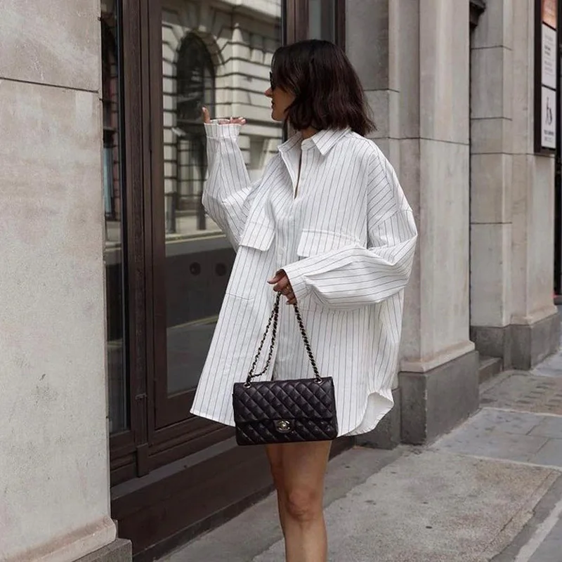 Mueyaruho 2023 Autumn Winter Women Oversized Striped Long Shirt Fashion White Long Sleeve Loose Fit Blouse Female