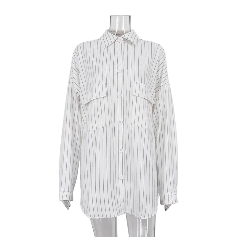 Mueyaruho 2023 Autumn Winter Women Oversized Striped Long Shirt Fashion White Long Sleeve Loose Fit Blouse Female