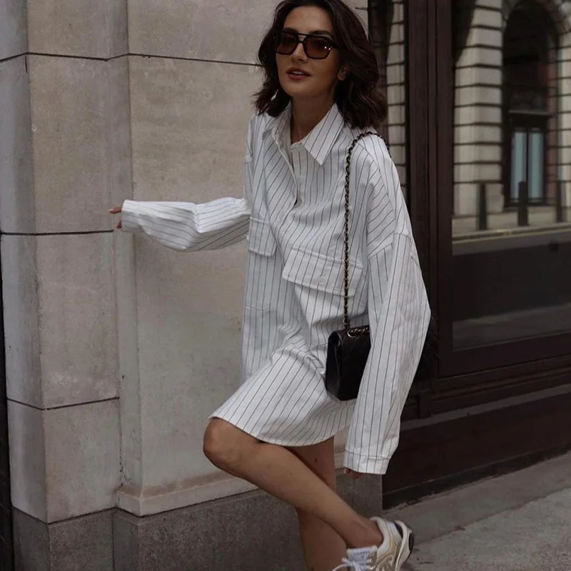 Mueyaruho 2023 Autumn Winter Women Oversized Striped Long Shirt Fashion White Long Sleeve Loose Fit Blouse Female