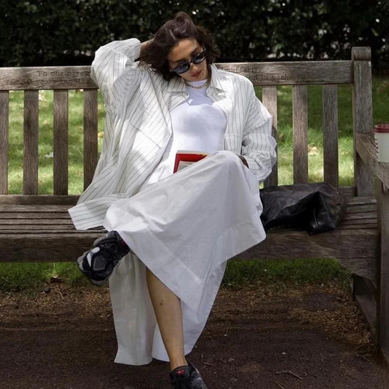 Mueyaruho 2023 Autumn Winter Women Oversized Striped Long Shirt Fashion White Long Sleeve Loose Fit Blouse Female