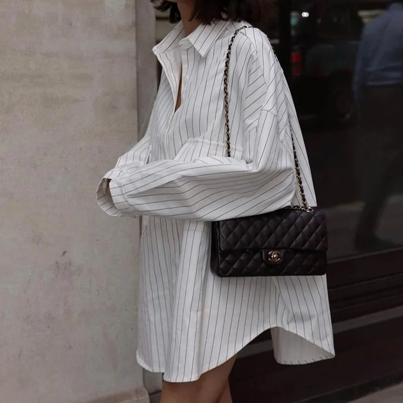 Mueyaruho 2023 Autumn Winter Women Oversized Striped Long Shirt Fashion White Long Sleeve Loose Fit Blouse Female