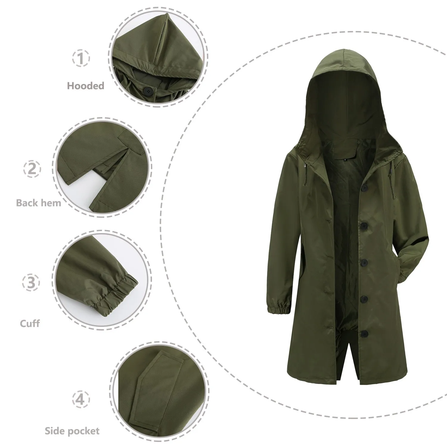 Fahsyee Raincoat Women, Rain Jacket Waterproof Raincoat Hooded Windbreaker Outdoor Long Active
