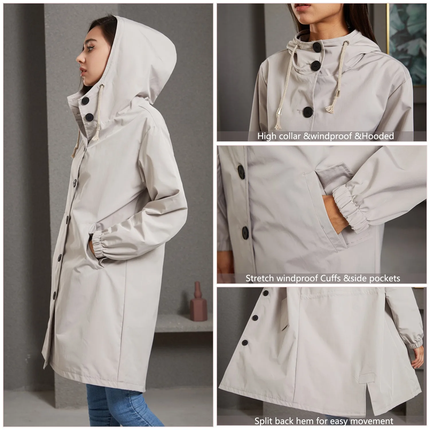 Fahsyee Raincoat Women, Rain Jacket Waterproof Raincoat Hooded Windbreaker Outdoor Long Active