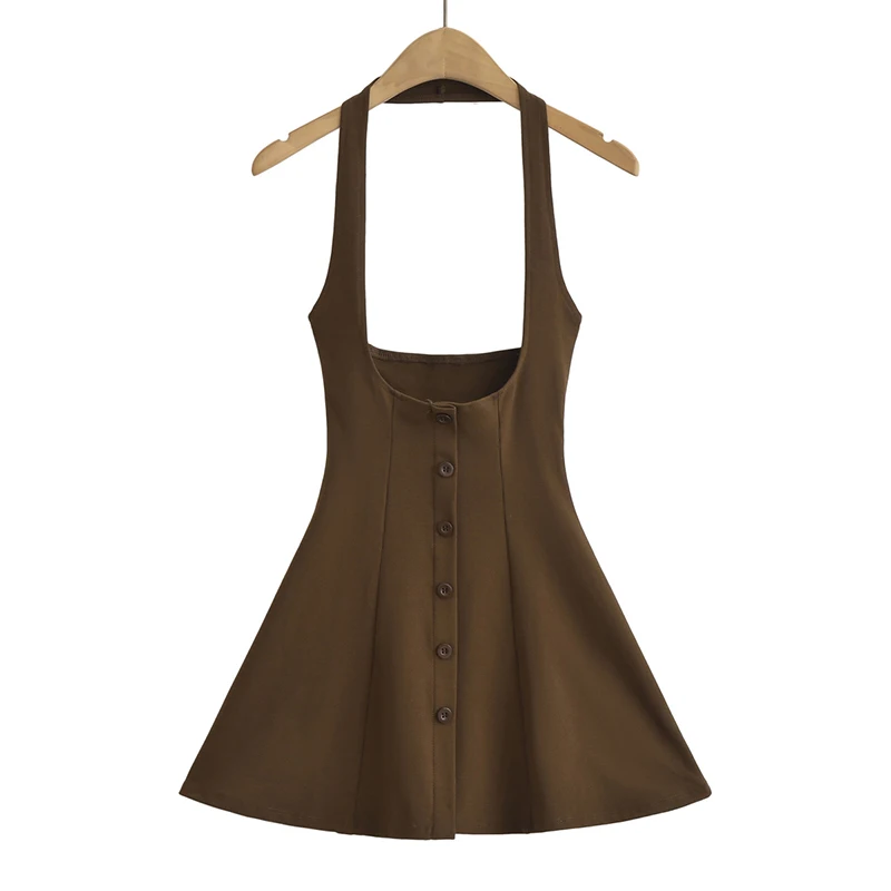 New in Mini dresses for women 2024 Summer black short dresses evening party sexy dress button up halter dress elegant brown