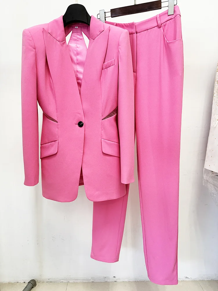 HIGH QUALITY New Fashion 2026 Designer Blazer Suit Set Women's Hollow out Beaded Blazer Pants Set