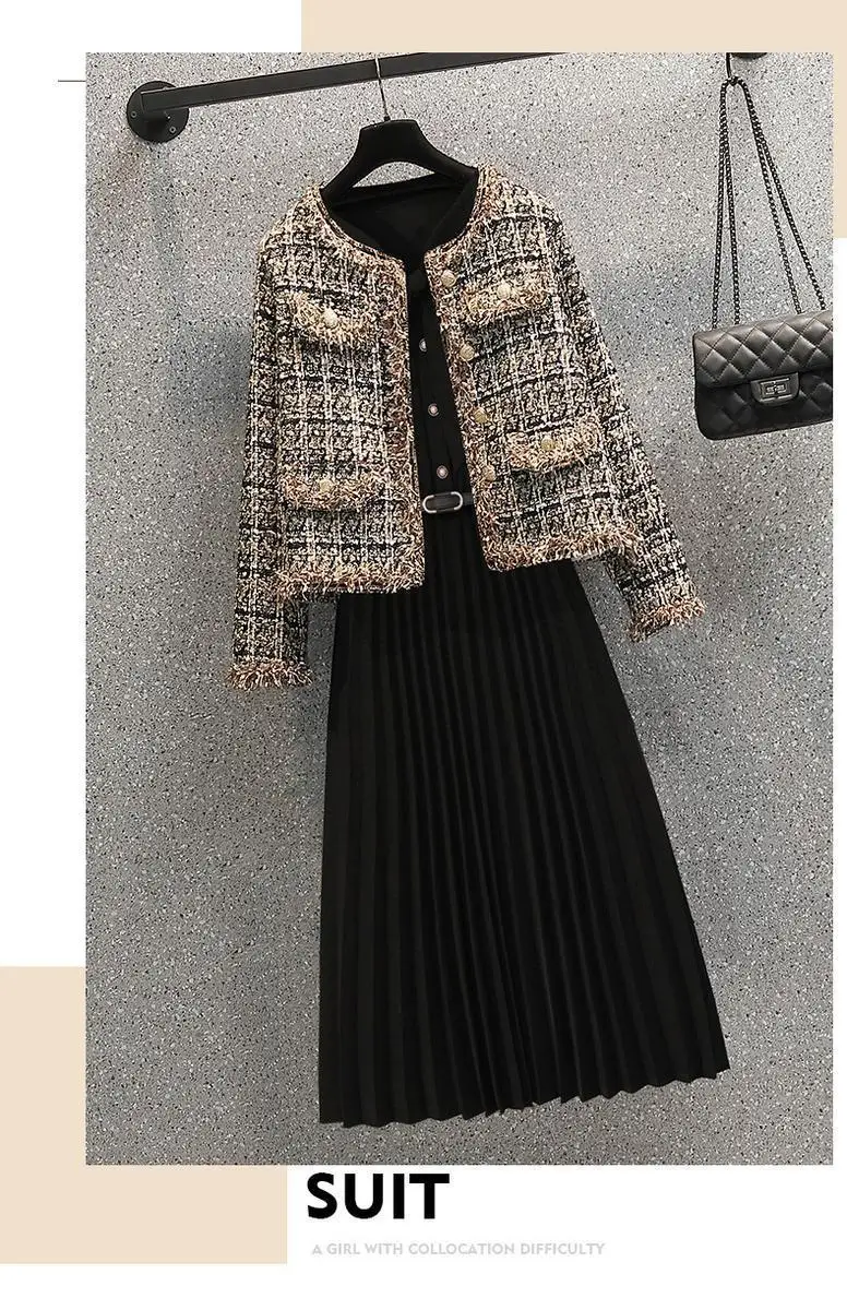 Women's Spring Autumn Vintage Plaid Cardigan Jacket Midi Black Dress 1 or Two-piece Set Lady Graceful Coat Bowknot Dresses Suits