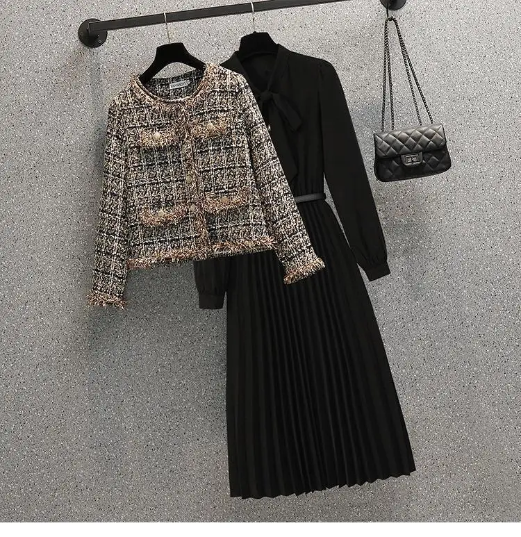 Women's Spring Autumn Vintage Plaid Cardigan Jacket Midi Black Dress 1 or Two-piece Set Lady Graceful Coat Bowknot Dresses Suits