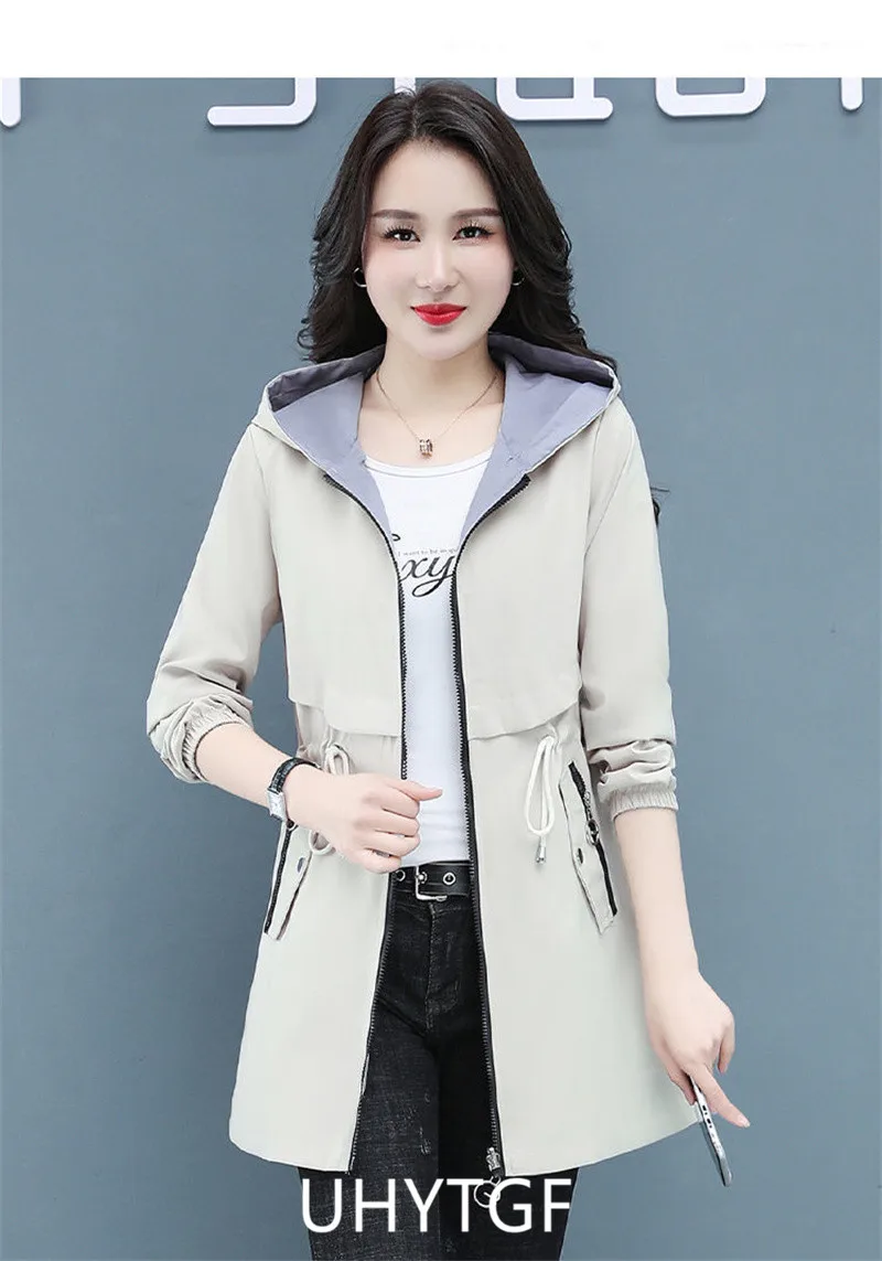 UHYTGF Double-Sided Trench Coat Women Spring Autumn Clothes Hooded Large Size Long Windbreaker Jacket Female Outerwear Tops 2680