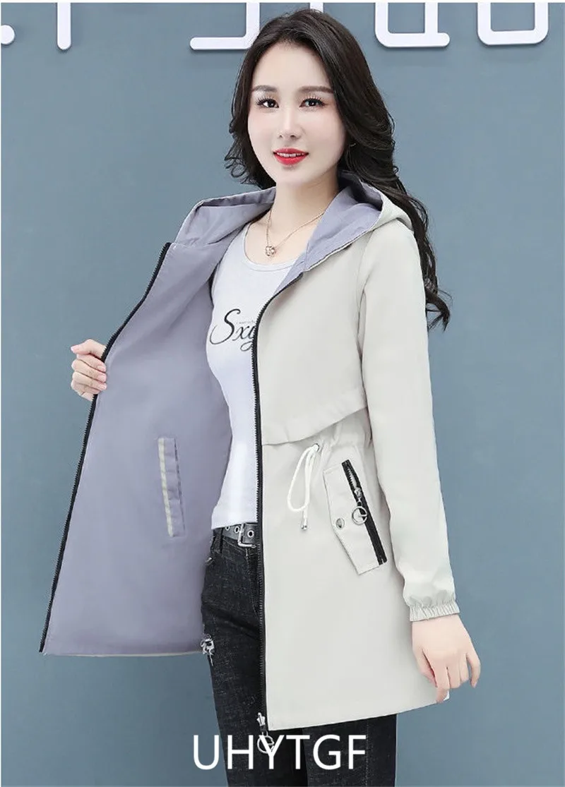UHYTGF Double-Sided Trench Coat Women Spring Autumn Clothes Hooded Large Size Long Windbreaker Jacket Female Outerwear Tops 2680