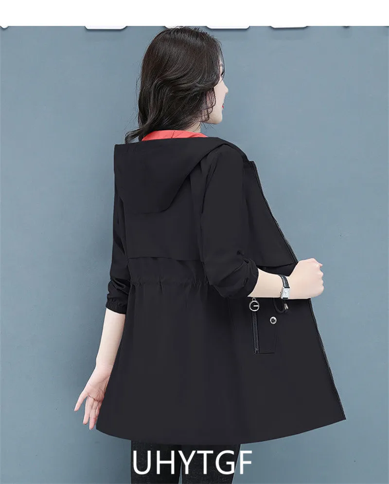 UHYTGF Double-Sided Trench Coat Women Spring Autumn Clothes Hooded Large Size Long Windbreaker Jacket Female Outerwear Tops 2680