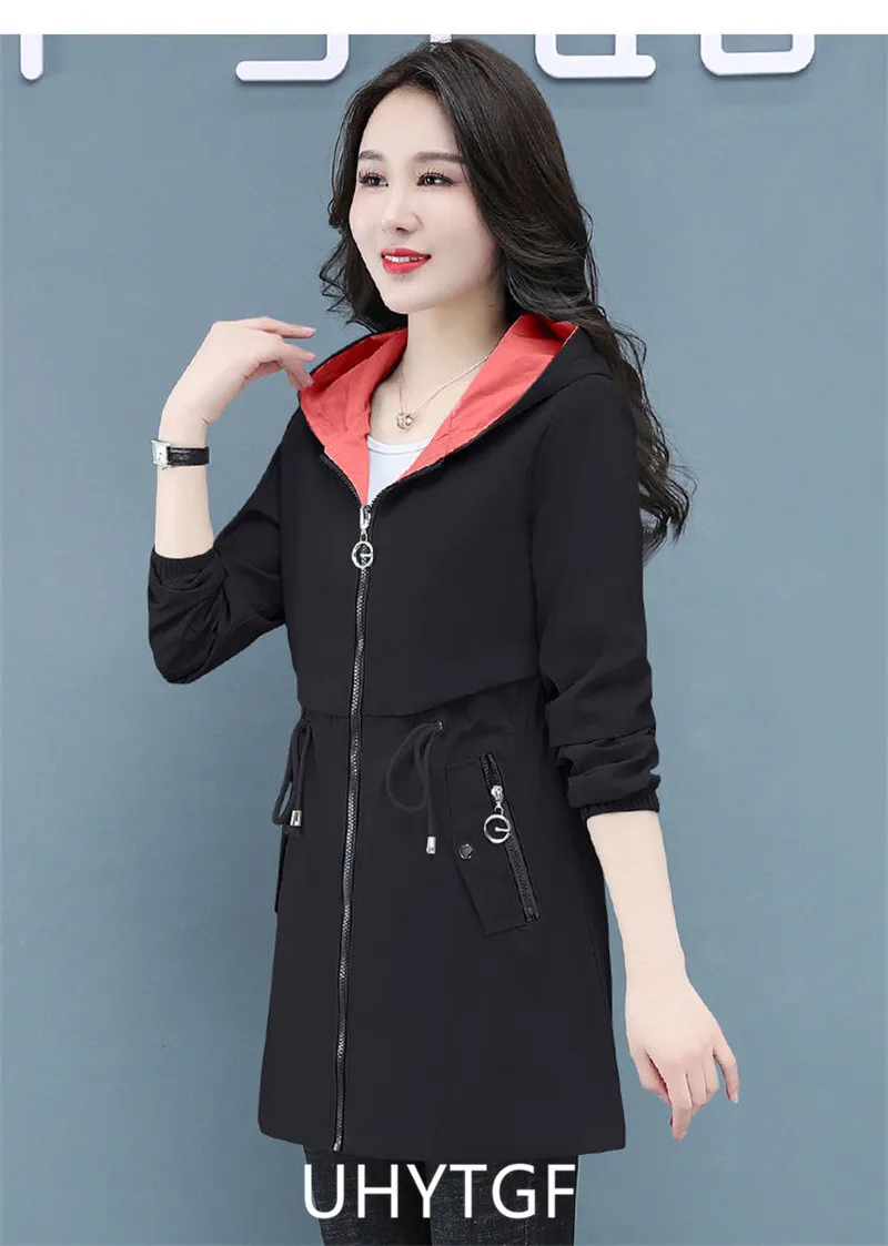 UHYTGF Double-Sided Trench Coat Women Spring Autumn Clothes Hooded Large Size Long Windbreaker Jacket Female Outerwear Tops 2680