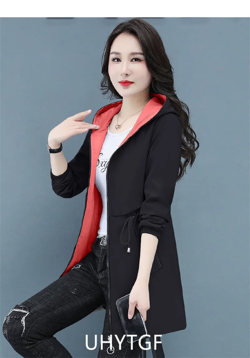 UHYTGF Double-Sided Trench Coat Women Spring Autumn Clothes Hooded Large Size Long Windbreaker Jacket Female Outerwear Tops 2680