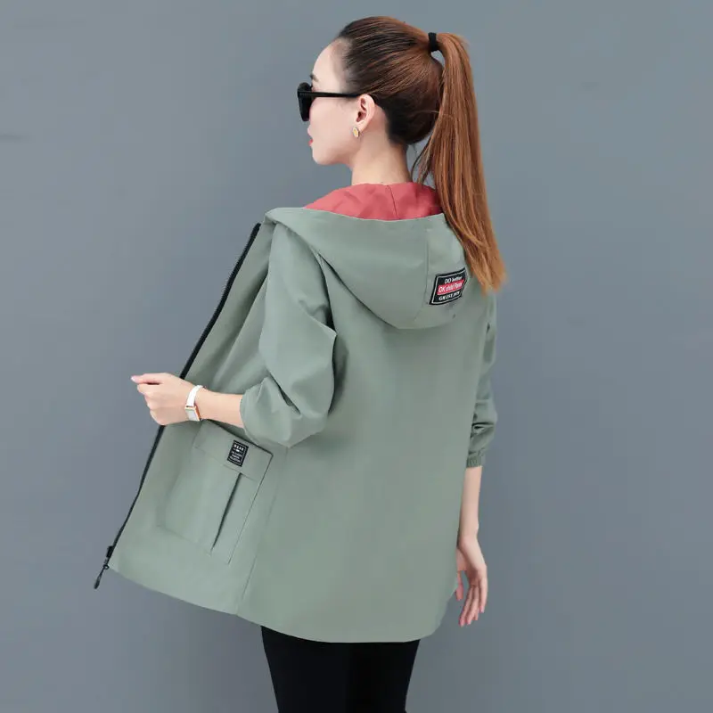 UHYTGF Double-Sided Trench Coat Women Spring Autumn Clothes Hooded Large Size Long Windbreaker Jacket Female Outerwear Tops 2680