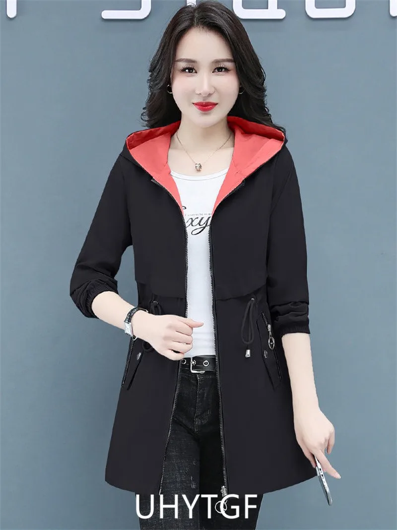 UHYTGF Double-Sided Trench Coat Women Spring Autumn Clothes Hooded Large Size Long Windbreaker Jacket Female Outerwear Tops 2680