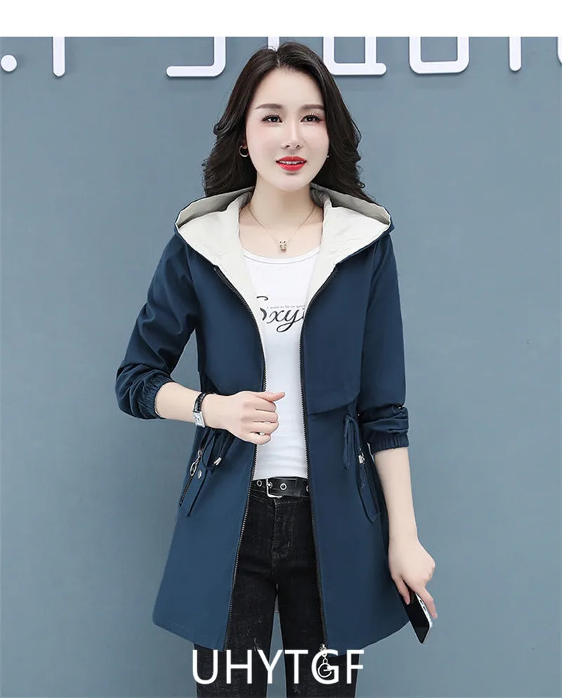 UHYTGF Double-Sided Trench Coat Women Spring Autumn Clothes Hooded Large Size Long Windbreaker Jacket Female Outerwear Tops 2680