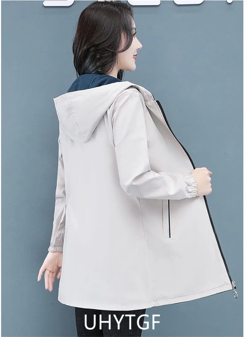 UHYTGF Double-Sided Trench Coat Women Spring Autumn Clothes Hooded Large Size Long Windbreaker Jacket Female Outerwear Tops 2680
