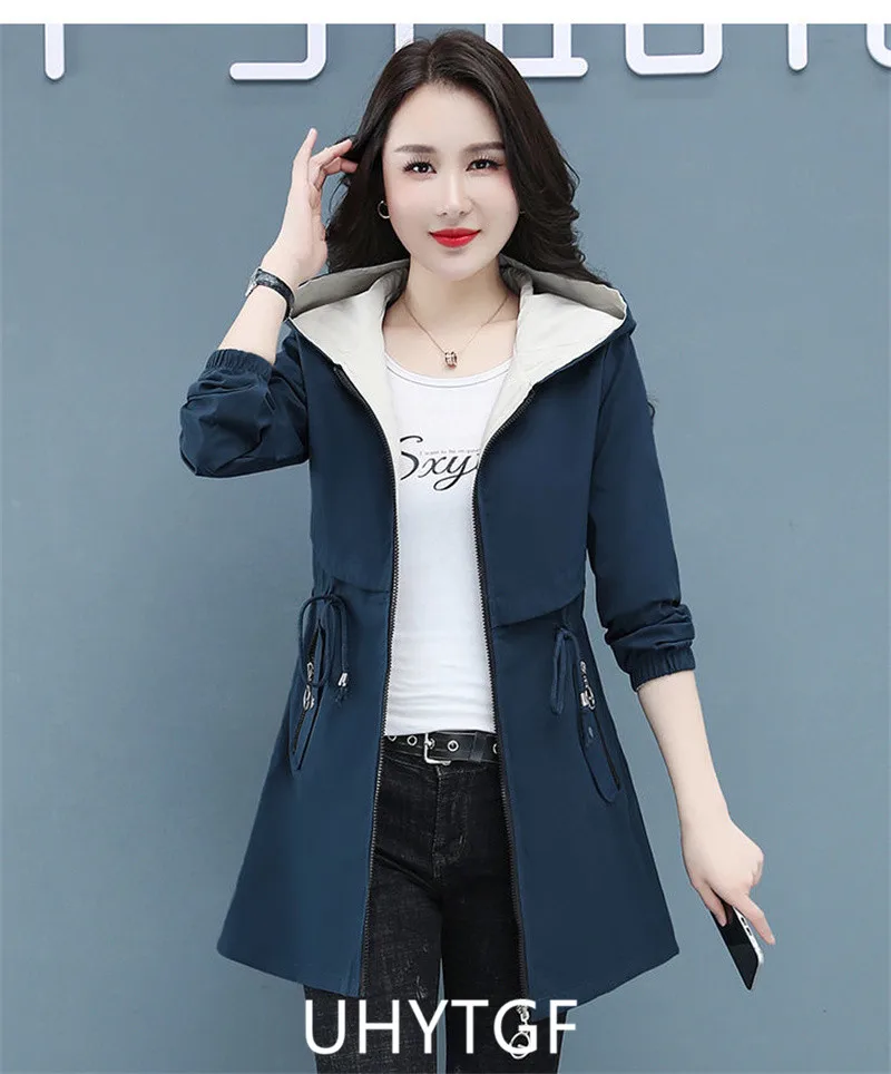 UHYTGF Double-Sided Trench Coat Women Spring Autumn Clothes Hooded Large Size Long Windbreaker Jacket Female Outerwear Tops 2680