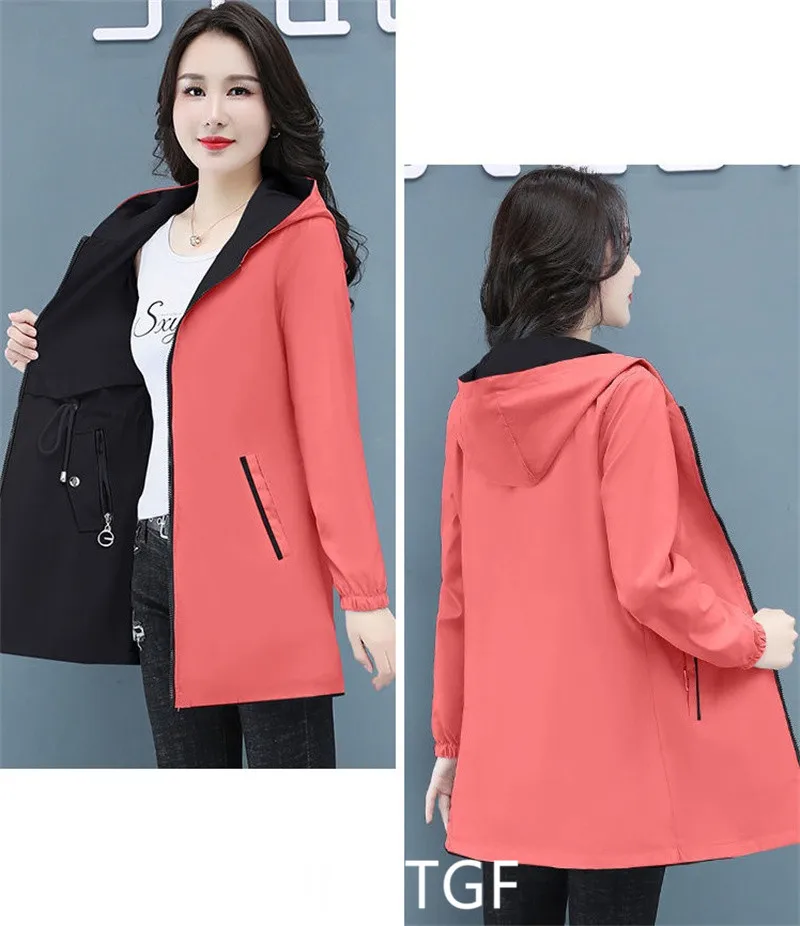 UHYTGF Double-Sided Trench Coat Women Spring Autumn Clothes Hooded Large Size Long Windbreaker Jacket Female Outerwear Tops 2680
