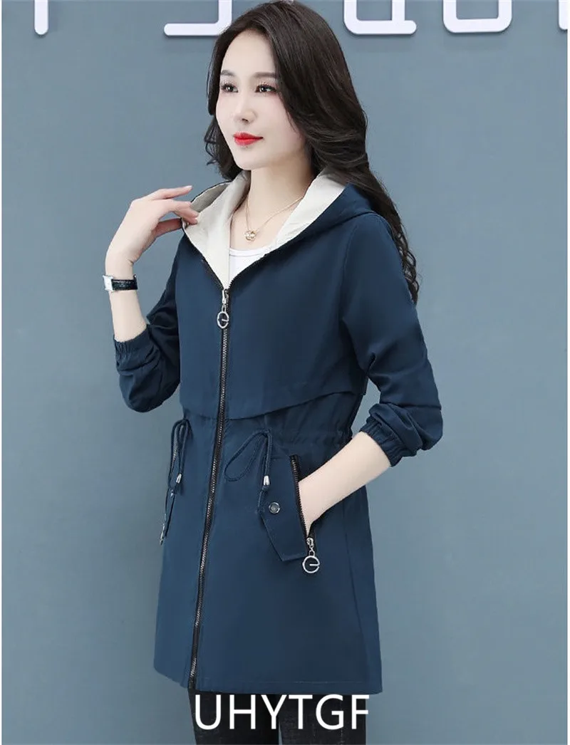 UHYTGF Double-Sided Trench Coat Women Spring Autumn Clothes Hooded Large Size Long Windbreaker Jacket Female Outerwear Tops 2680