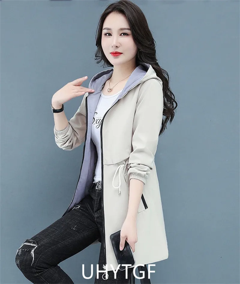 UHYTGF Double-Sided Trench Coat Women Spring Autumn Clothes Hooded Large Size Long Windbreaker Jacket Female Outerwear Tops 2680