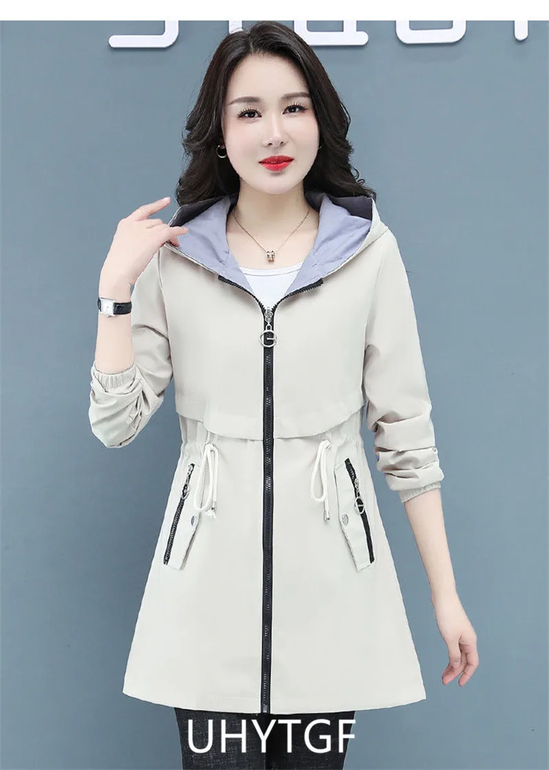 UHYTGF Double-Sided Trench Coat Women Spring Autumn Clothes Hooded Large Size Long Windbreaker Jacket Female Outerwear Tops 2680