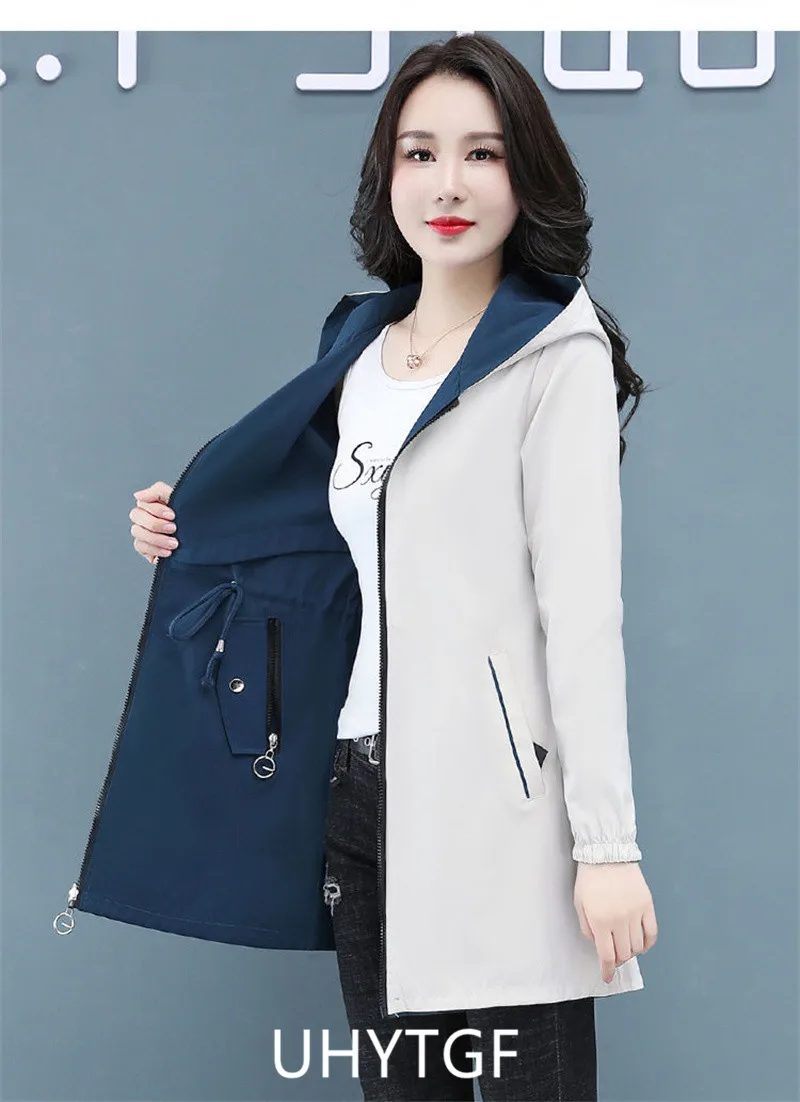 UHYTGF Double-Sided Trench Coat Women Spring Autumn Clothes Hooded Large Size Long Windbreaker Jacket Female Outerwear Tops 2680