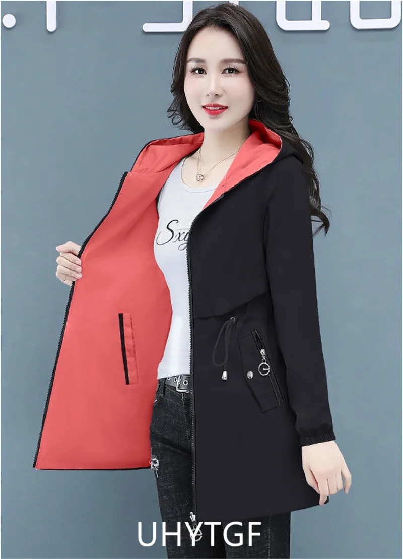 UHYTGF Double-Sided Trench Coat Women Spring Autumn Clothes Hooded Large Size Long Windbreaker Jacket Female Outerwear Tops 2680