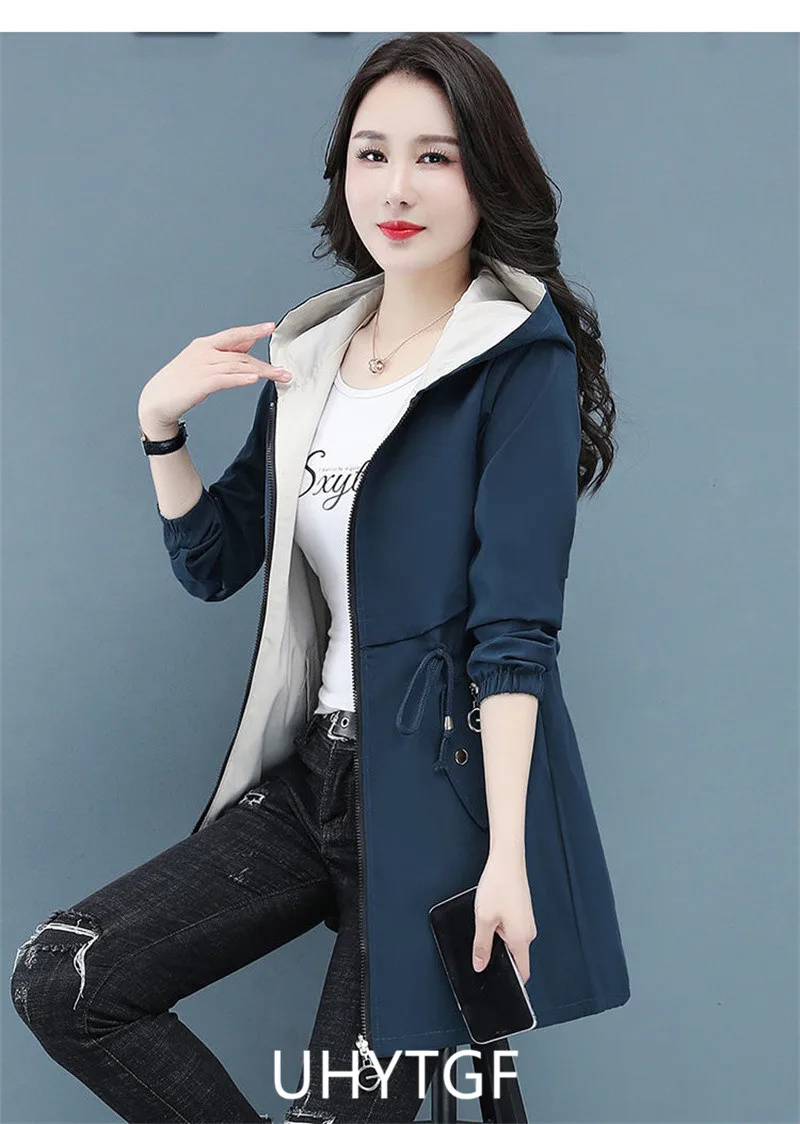 UHYTGF Double-Sided Trench Coat Women Spring Autumn Clothes Hooded Large Size Long Windbreaker Jacket Female Outerwear Tops 2680