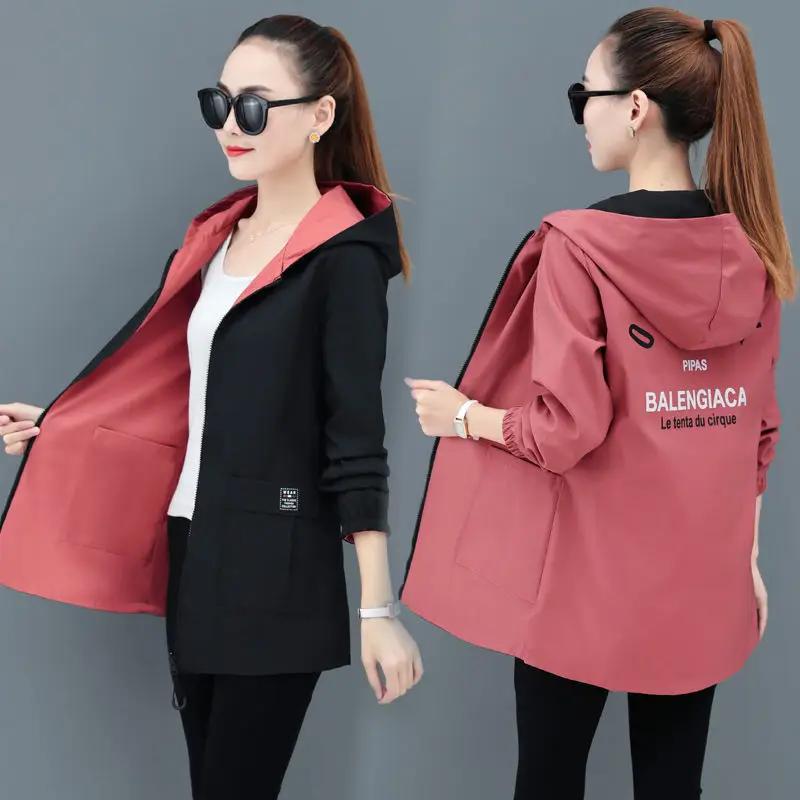 UHYTGF Double-Sided Trench Coat Women Spring Autumn Clothes Hooded Large Size Long Windbreaker Jacket Female Outerwear Tops 2680